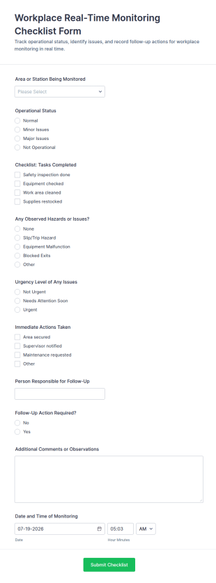 Workplace Real Time Monitoring Checklist Form Template