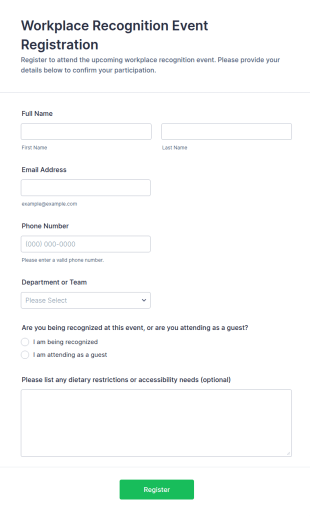 Workplace Recognition Event Registration Form Template