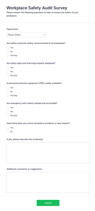 Workplace Safety Audit Survey Form Template