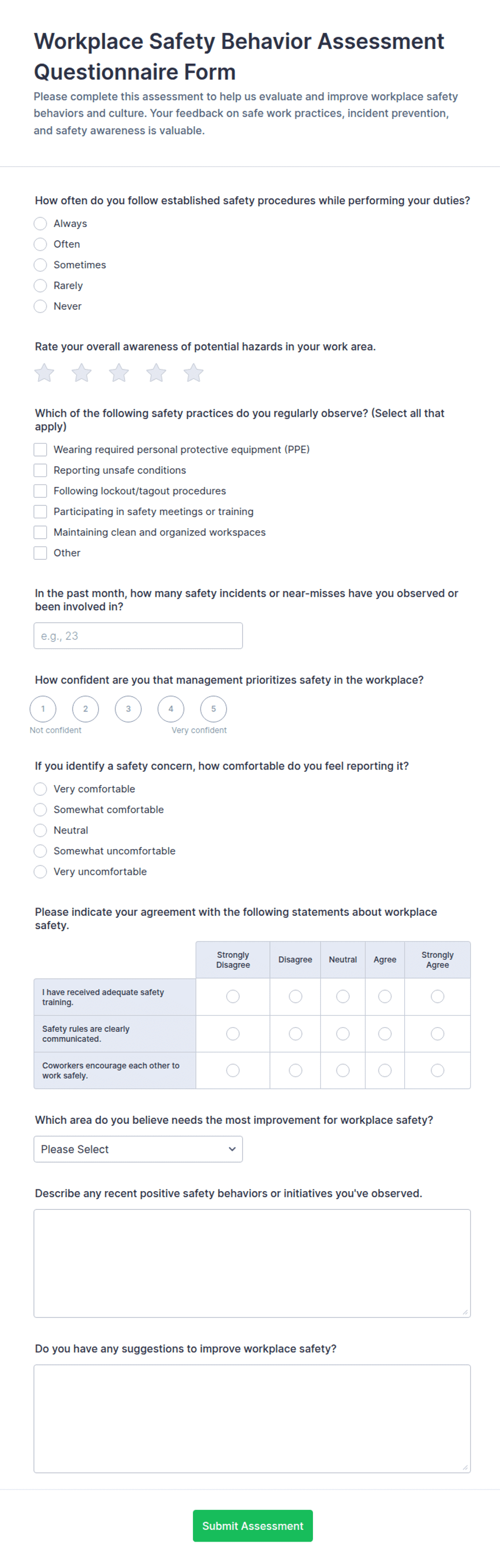 Workplace Safety Behavior Assessment Form Template | Jotform