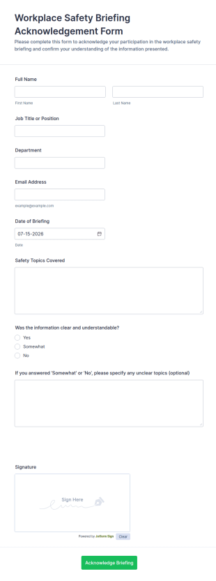 Workplace Safety Briefing Acknowledgement Form Template