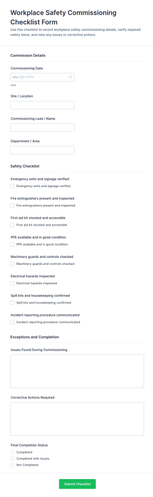 Workplace Safety Commissioning Checklist Form Template