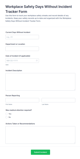 Workplace Safety Days Without Incident Tracker Form Template