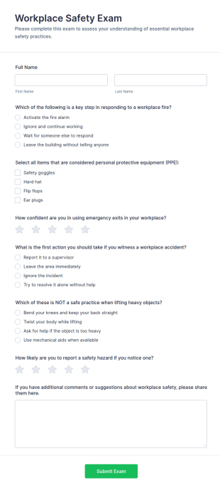 Workplace Safety Exam Form Template