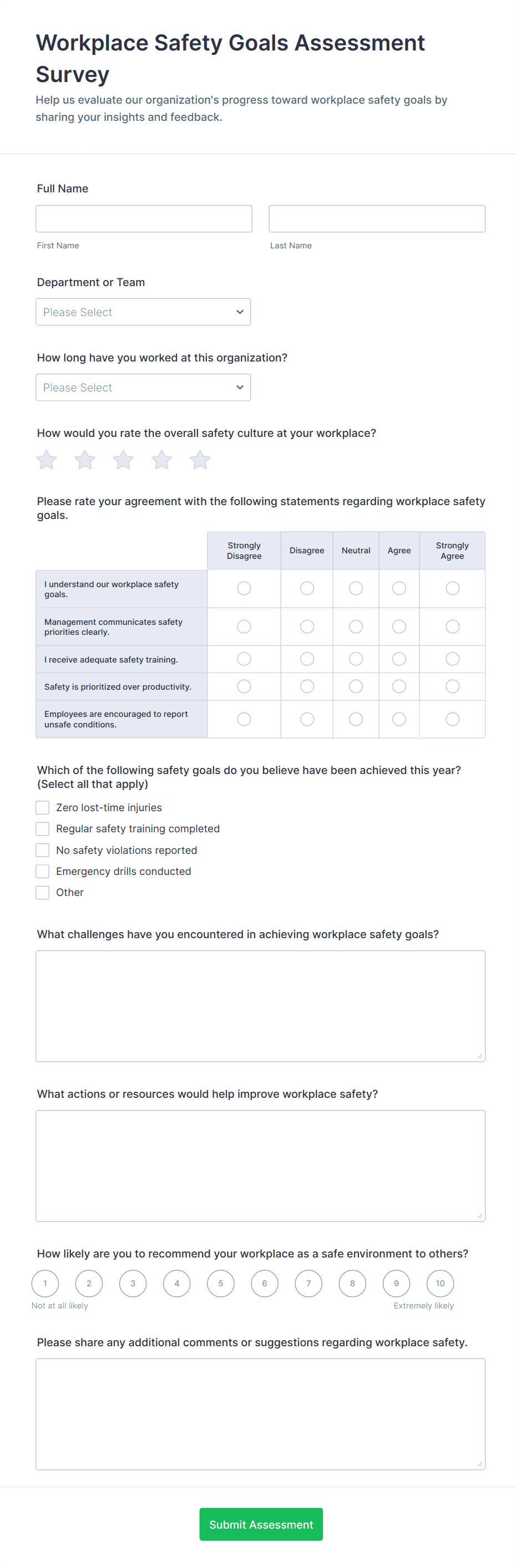 Workplace Safety Goals Assessment Survey Form Template | Jotform