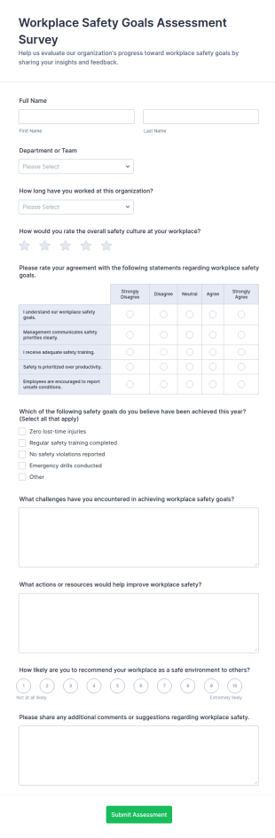 Workplace Safety Goals Assessment Survey Form Template