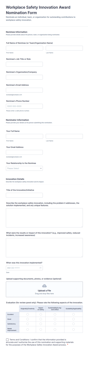 Workplace Safety Innovation Award Nomination Form Template