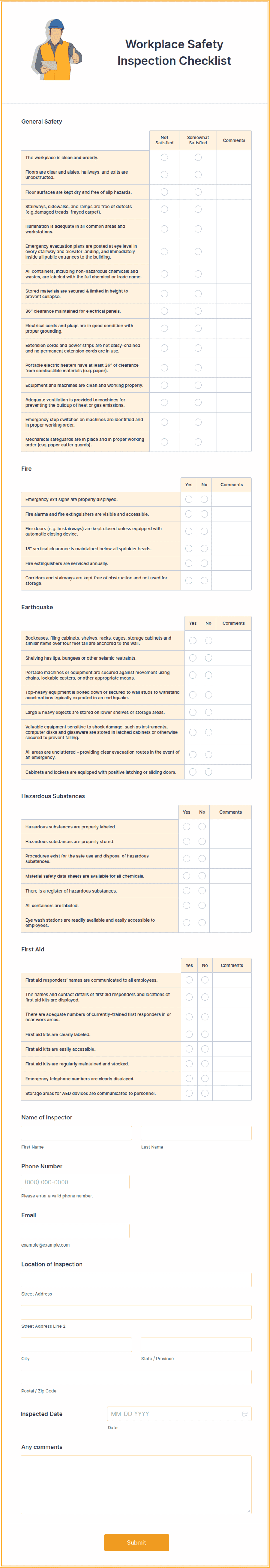 Worksafe Workplace Inspection Checklist Workplace Safety Inspection Checklist Form Template | Jotform