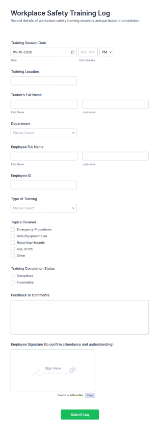Workplace Safety Training Log Form Template
