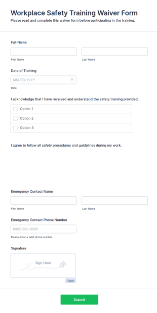 Workplace Safety Training Waiver Form Template