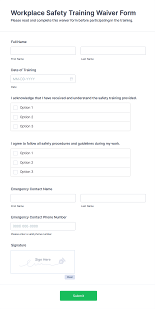 Workplace Safety Training Waiver Form Template