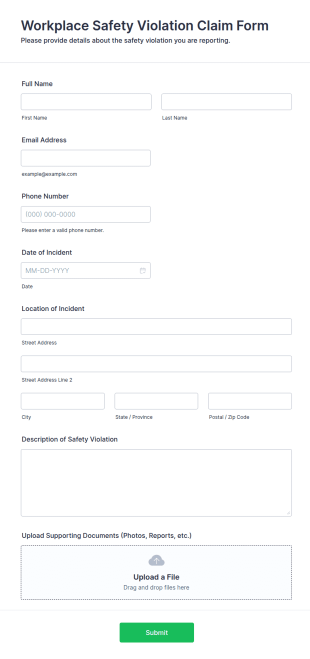 Workplace Safety Violation Claim Form Template
