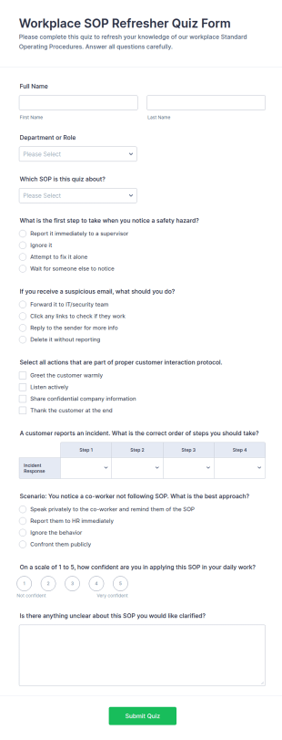 Workplace SOP Refresher Quiz Form Template