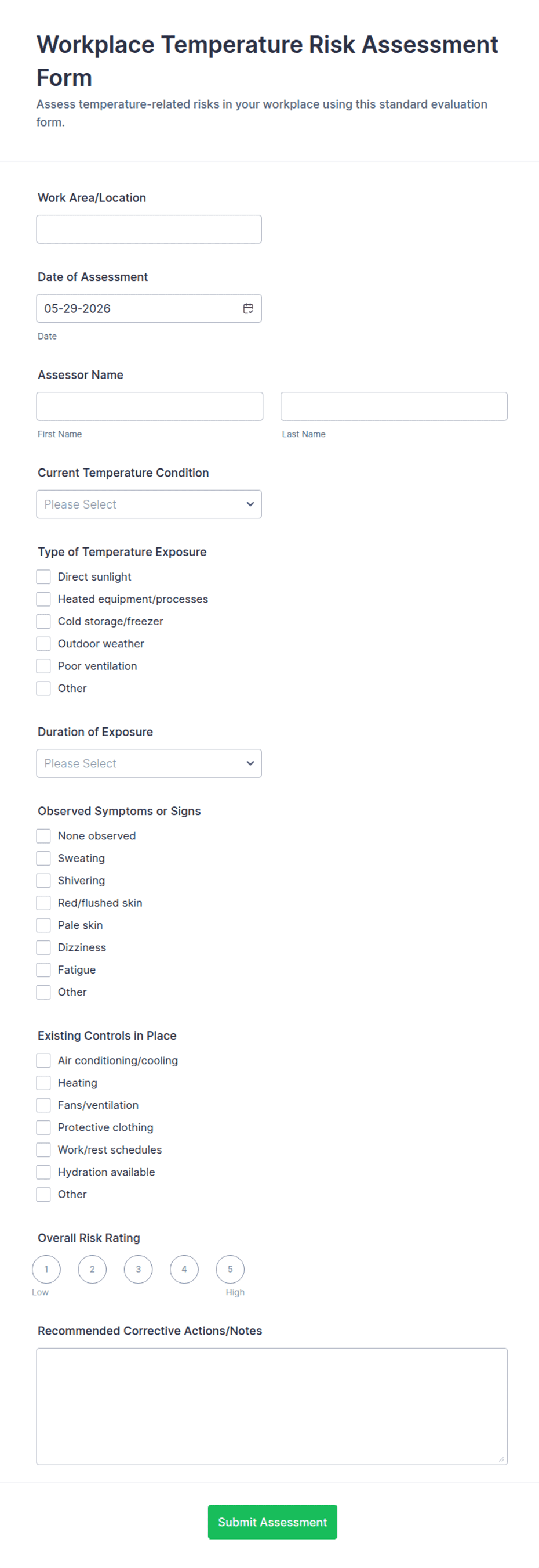 Workplace Temperature Risk Assessment Form Template | Jotform