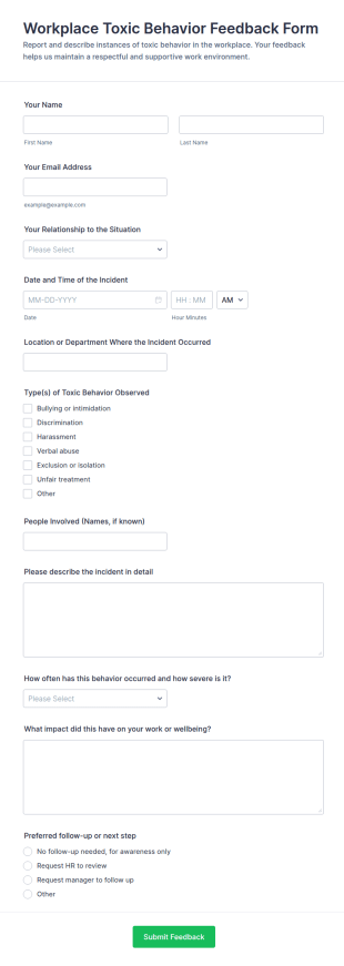 Workplace Toxic Behavior Feedback Form Template