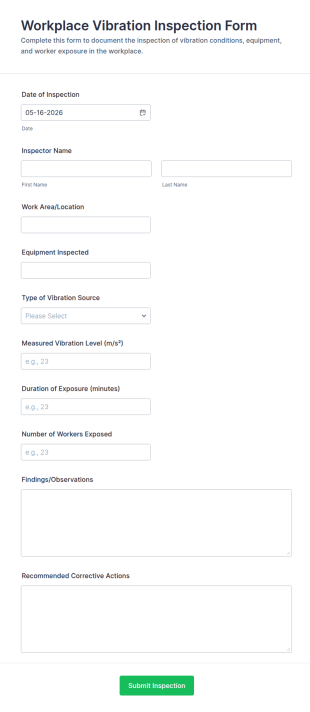 Workplace Vibration Inspection Form Template