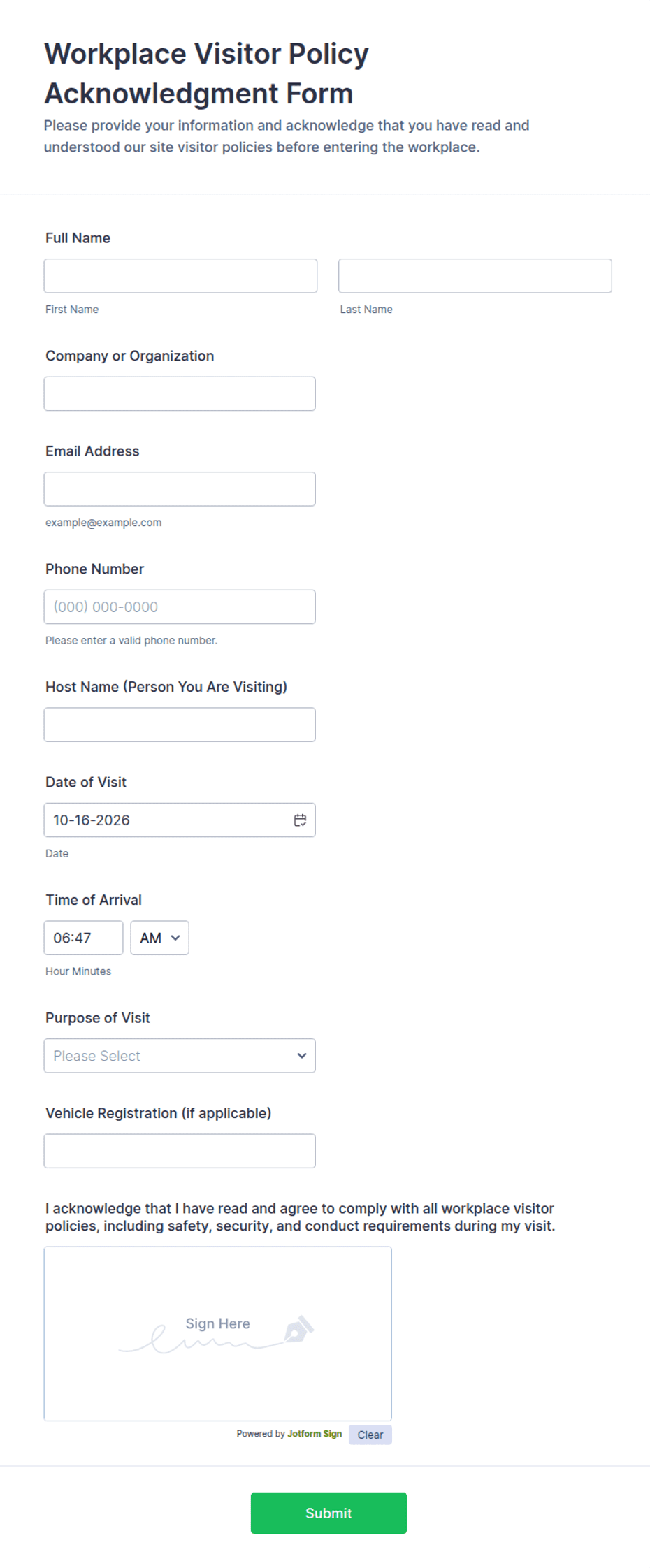 Workplace Visitor Policy Acknowledgment Form Template | Jotform