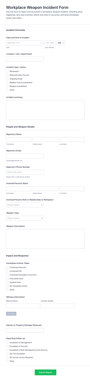 Workplace Weapon Incident Report Form Template
