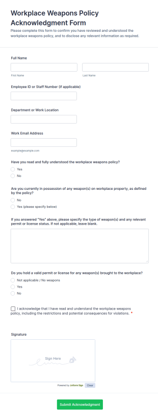 Workplace Weapons Policy Acknowledgment Form Template