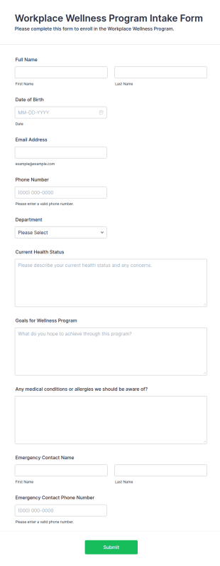 Workplace Wellness Program Intake Form Template