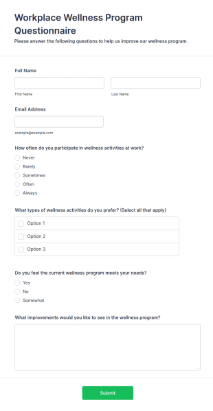 Workplace Wellness Program Questionnaire Form Template