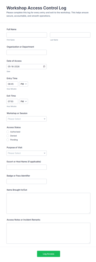 Workshop Access Control Log Form Template