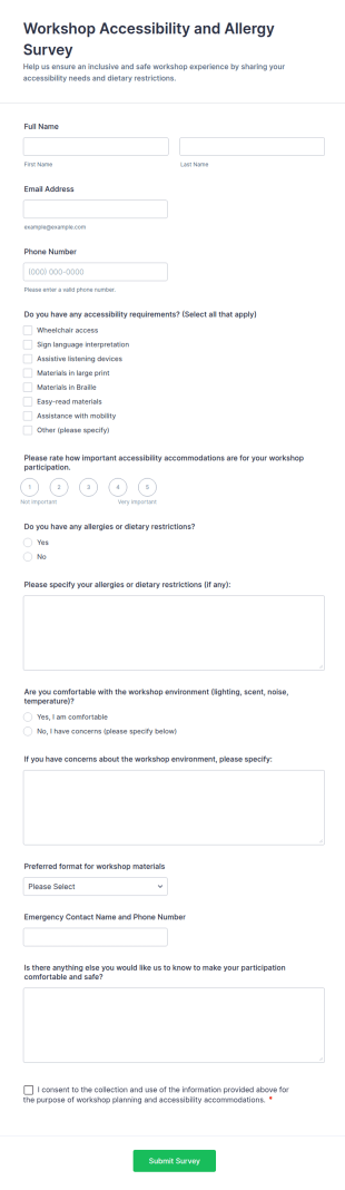 Workshop Accessibility And Allergy Survey Form Template
