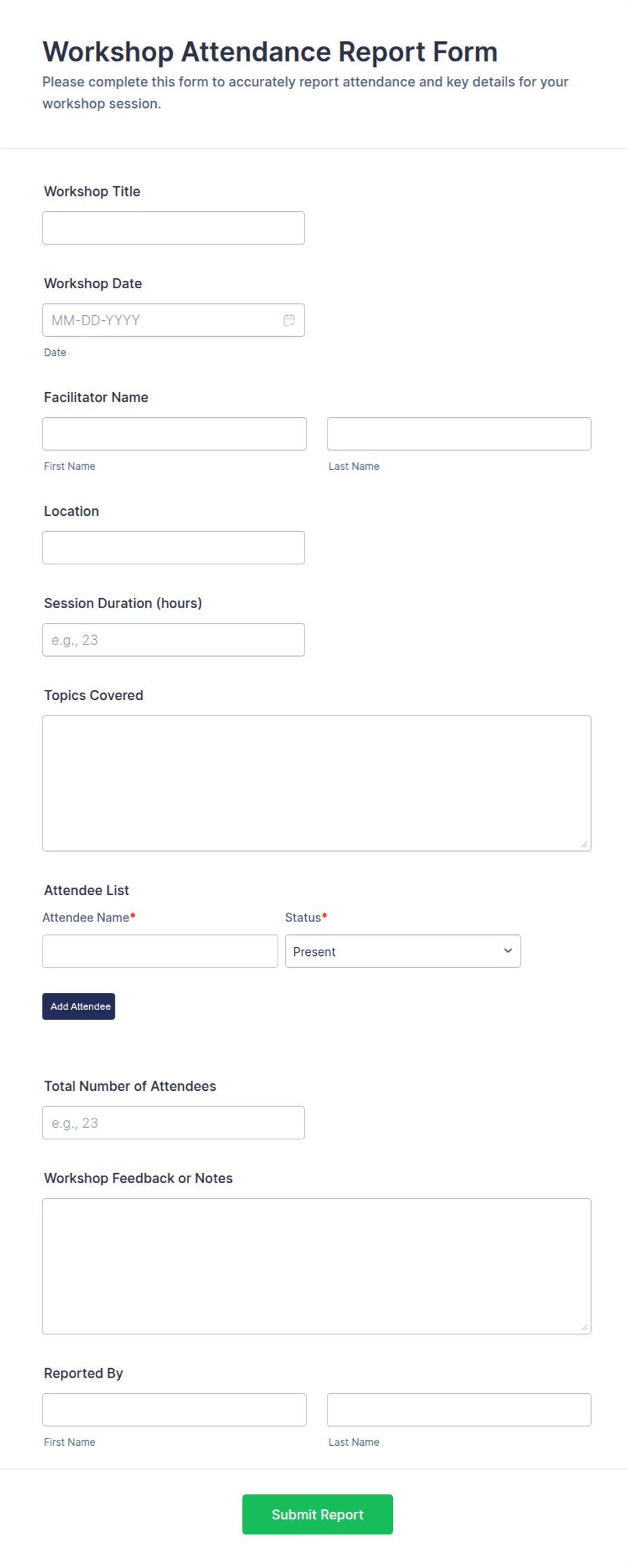 Workshop Attendance Report Form Template | Jotform