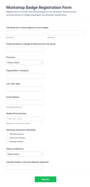 Workshop Badge Registration Form Template