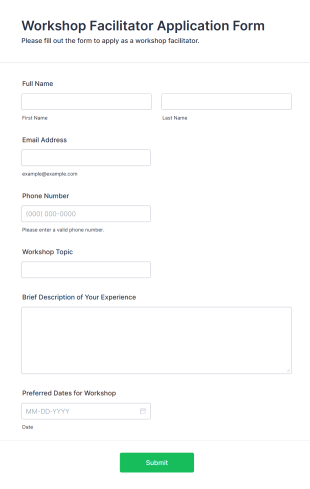 Workshop Facilitator Application Form Form Template