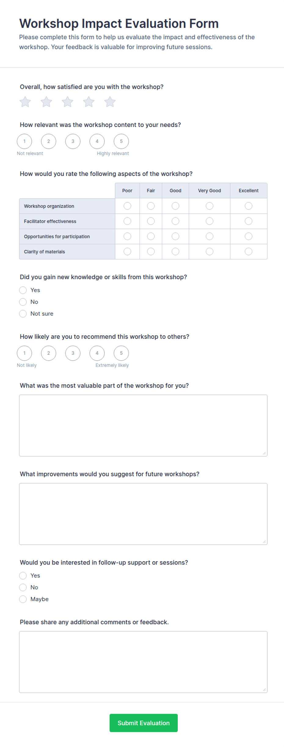 Workshop Impact Evaluation Application Form Template | Jotform