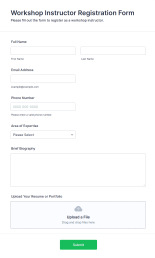 Workshop Instructor Registration Form Form Template
