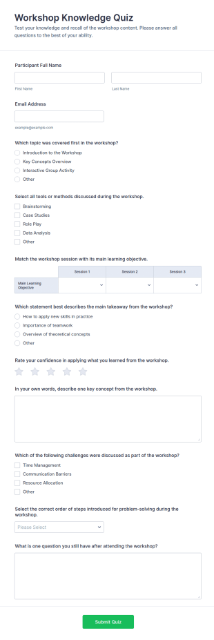 Workshop Knowledge Quiz Form Template