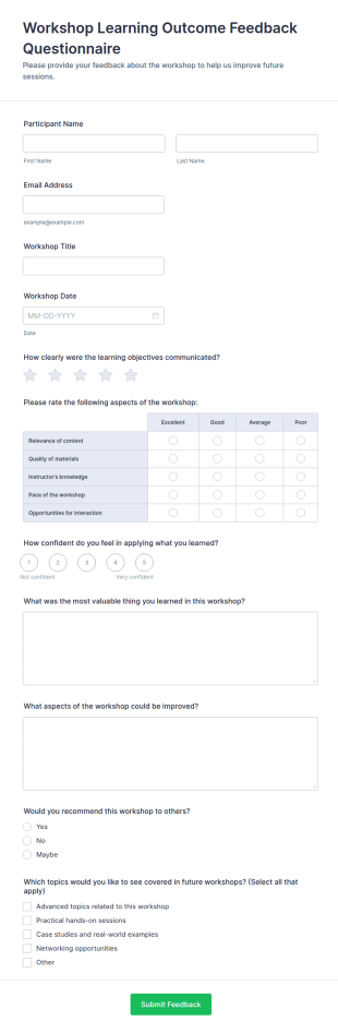Workshop Learning Outcome Feedback Questionnaire Form Template