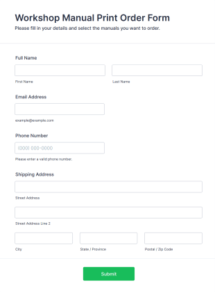 Workshop Manual Print Order Form Form Template
