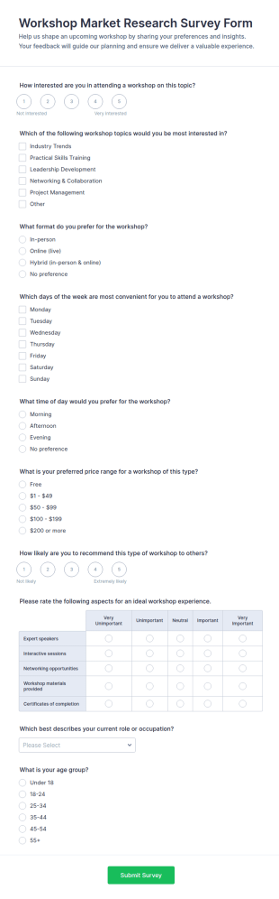 Workshop Market Research Survey Form Template