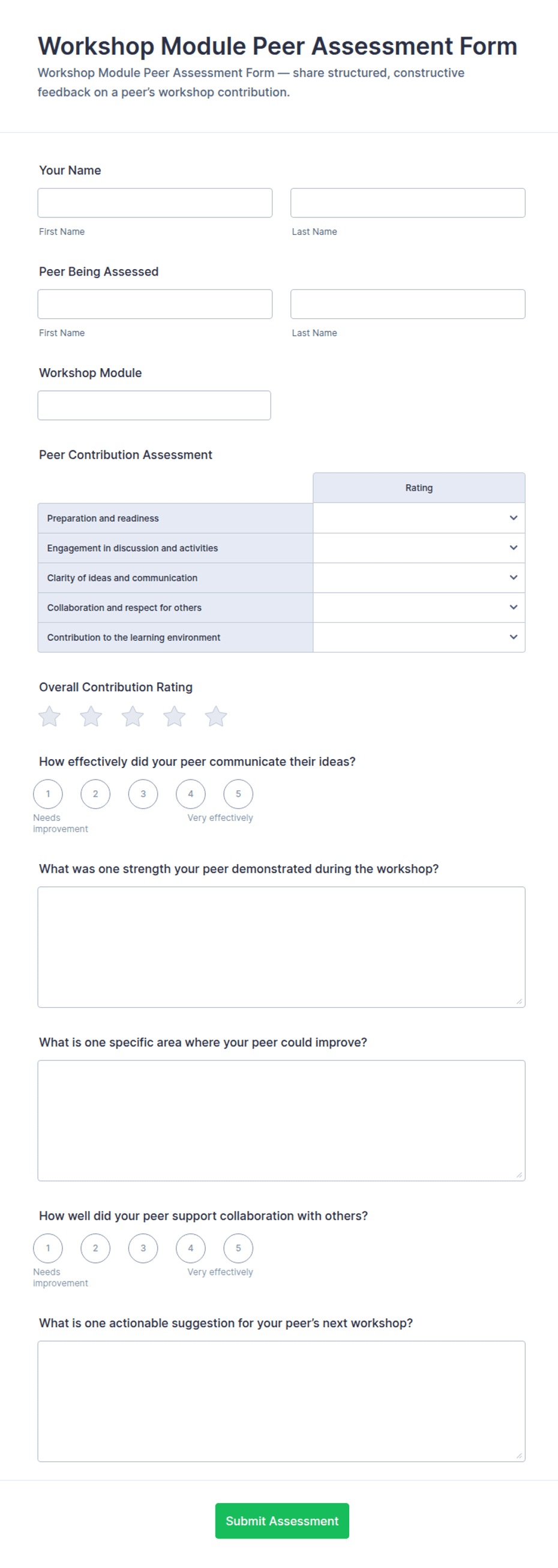 Workshop Module Peer Assessment Form Template | Jotform