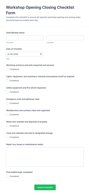 Workshop Opening Closing Checklist Form Template