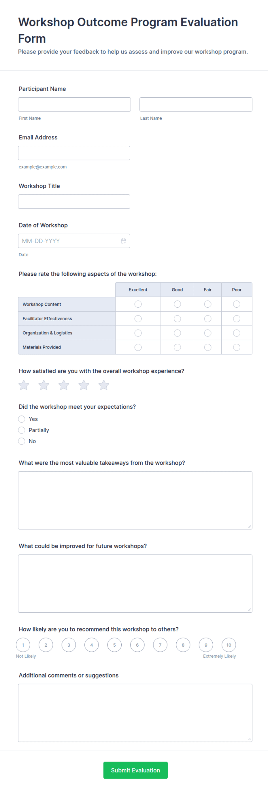 Workshop Outcome Program Evaluation Form Template | Jotform