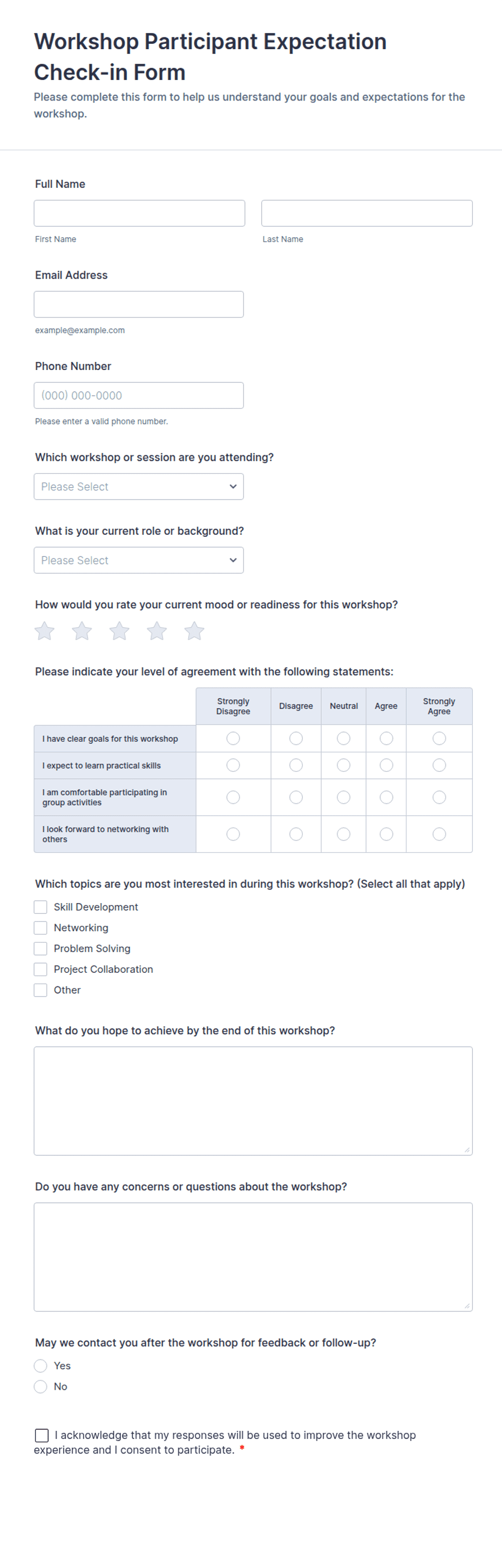Expectation Form.pdf Workshop Participant Expectation Check-in Form Template | Jotform
