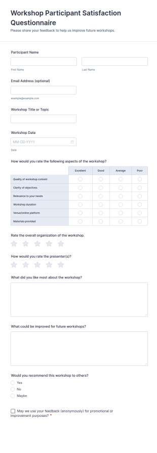 Workshop Participant Satisfaction Questionnaire Form Template