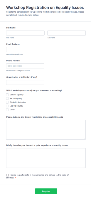 Workshop Registration On Equality Issues Form Template