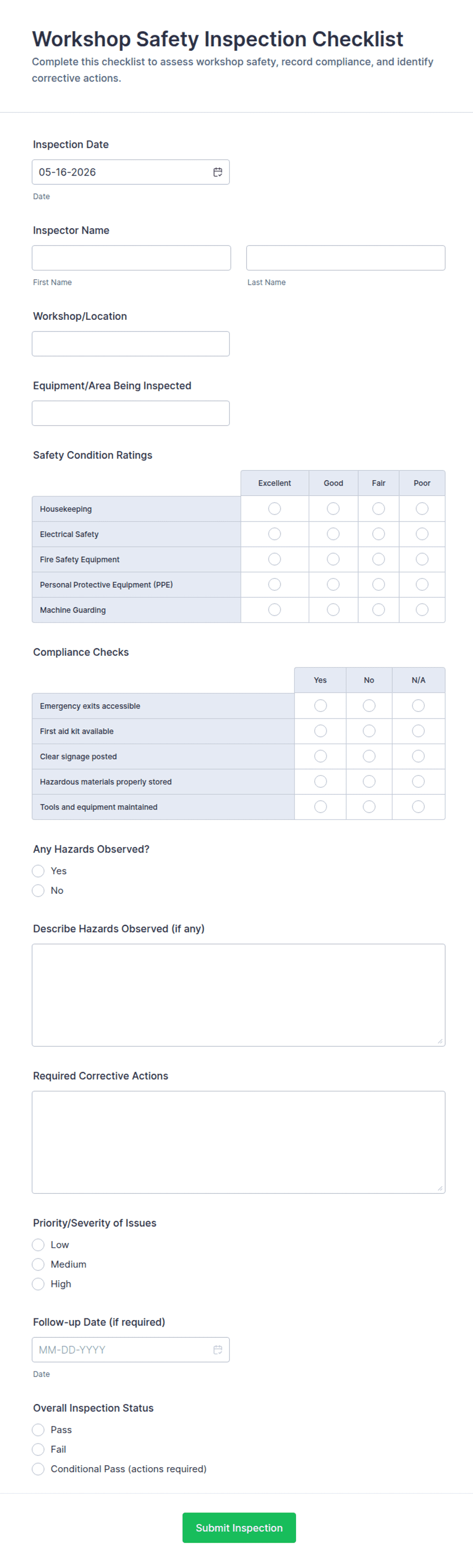 Workshop Safety Inspection Checklist Form Template | Jotform
