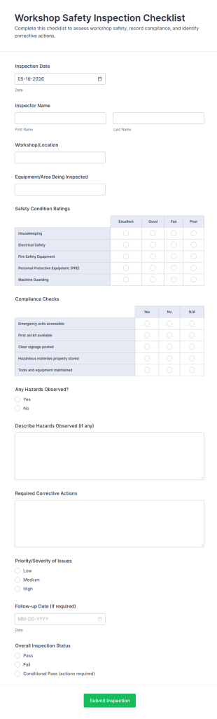 Workshop Safety Inspection Checklist Form Template