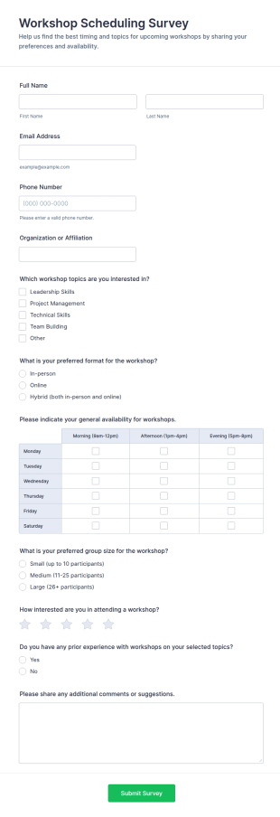 Workshop Scheduling Survey Form Template