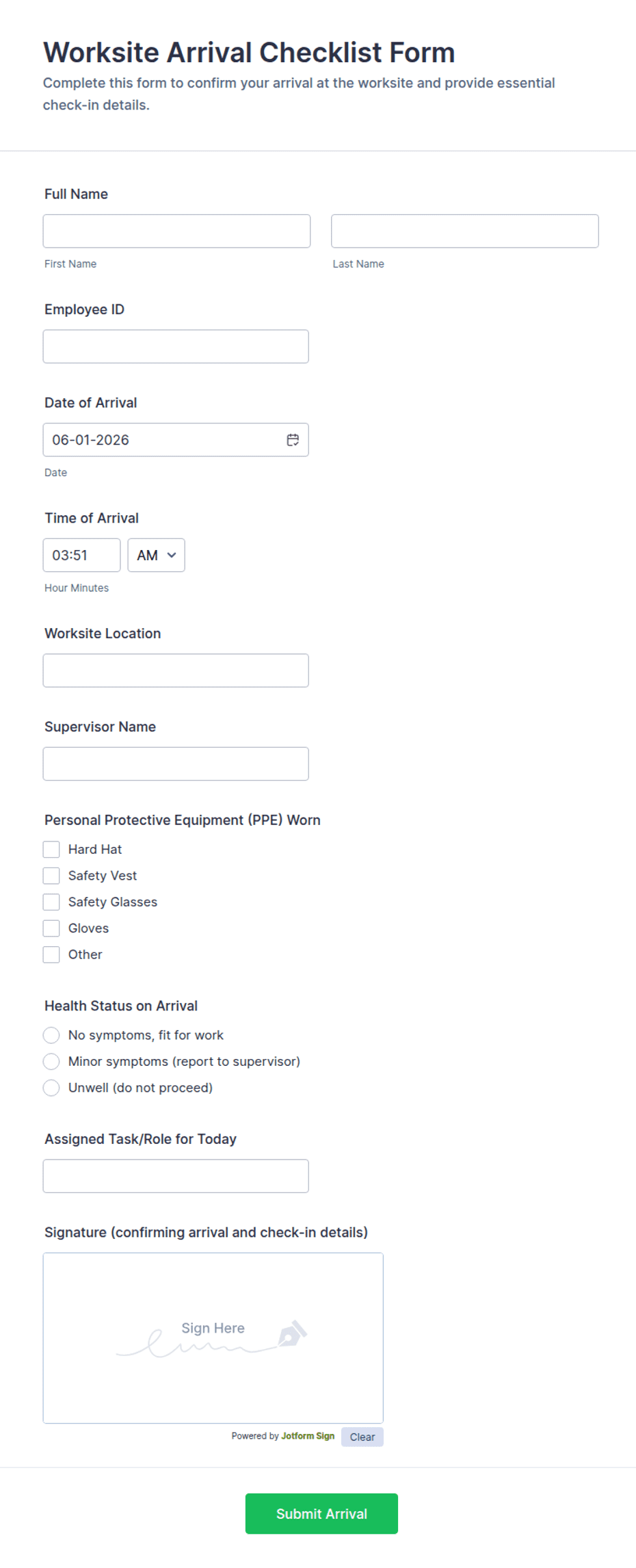 Worksite Arrival Checklist Form Template | Jotform