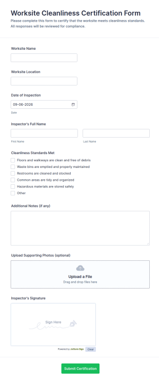 Worksite Cleanliness Certification Form Template
