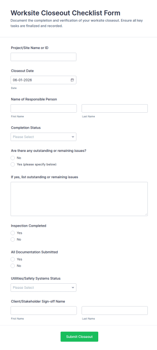 Worksite Closeout Checklist Form Template
