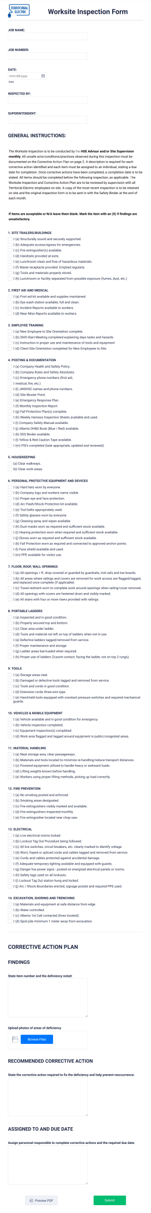Worksite Inspection Form Template