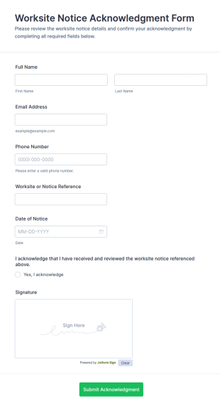 Worksite Notice Acknowledgment Form Template